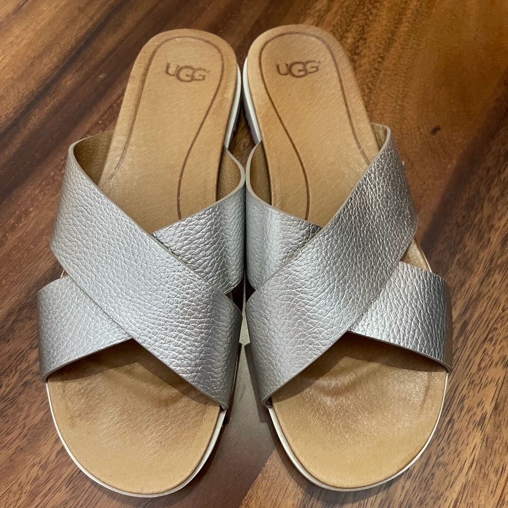 UGG Women's Metallic Silver Cross Strap Sandals